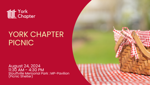 York Chapter Picnic on August 24, 2024, 11:30 AM - 4:30 PM at Stouffville Memorial Park. Picnic basket on a checkered tablecloth.